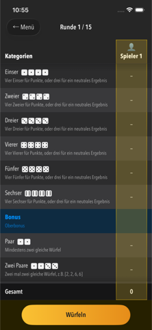 Punktetabelle in DiceLab+ — dunkler Modus, Würfeln-Button