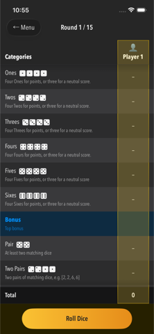 Scoring table in DiceLab+ — dark mode