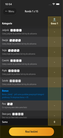 Tabela punktacji w Kości+ — tryb ciemny
