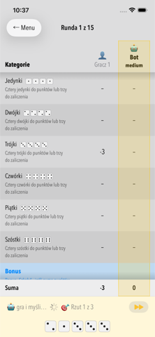 Tabela punktacji w Kości+ — bot gra